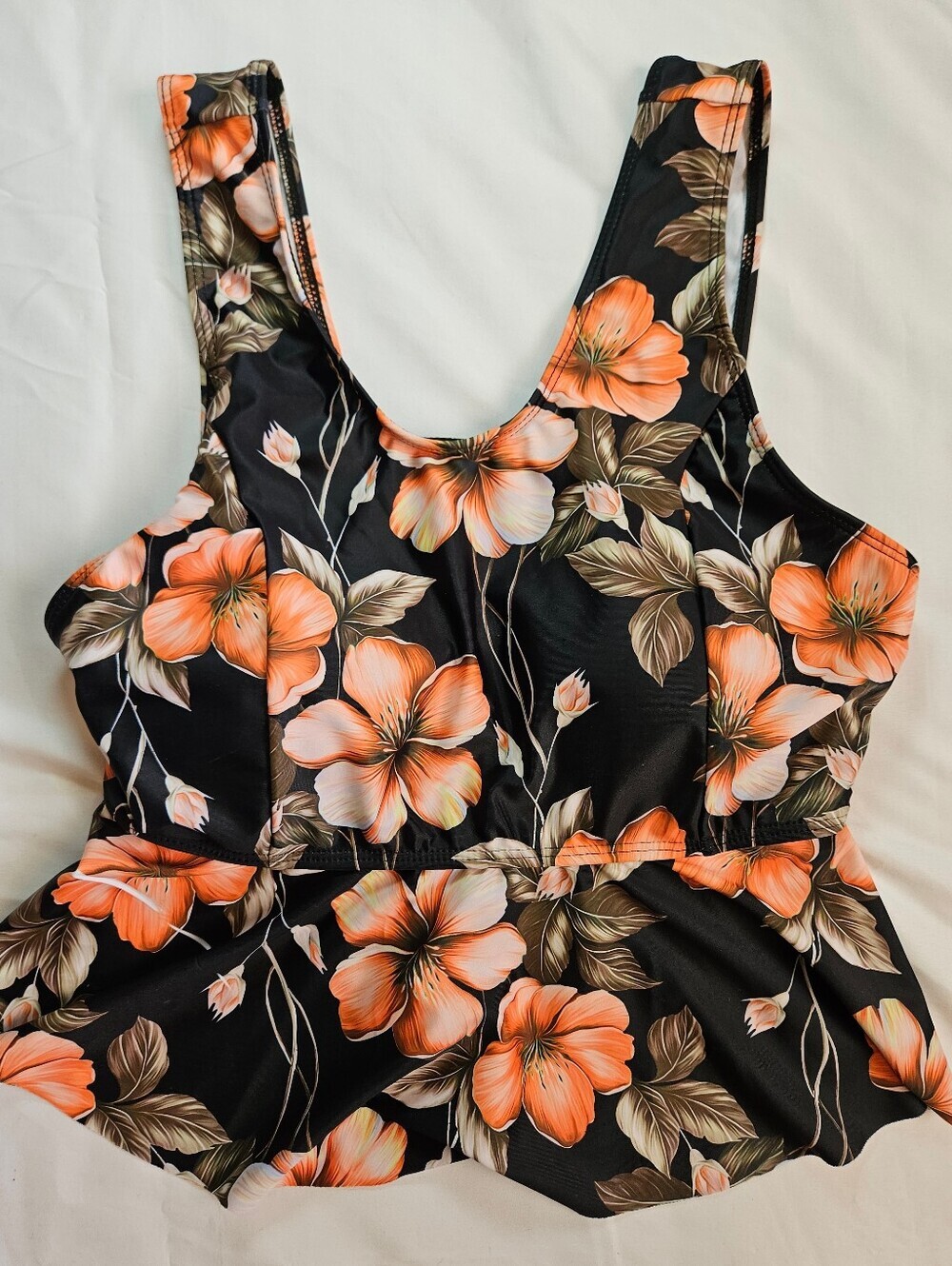 Unbranded Womens Black & Pink Floral Scoopneck Peplum Tankini Swim Top Sz Large